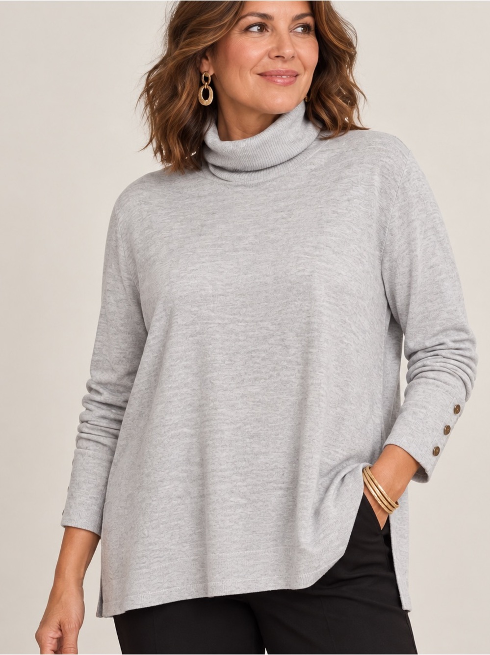 CHICOS SWEATER Long Sleeve GRAY Turtleneck with gold buttons sleeve details NWT